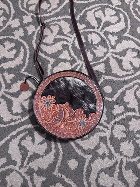 Round Floral Tooled Leather Crossbody Bag with cowhide